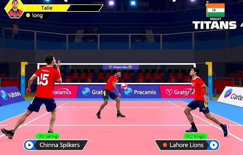 Volley Titans India gameplay showing an intense match between Chennai Spikers and Lahore Lions