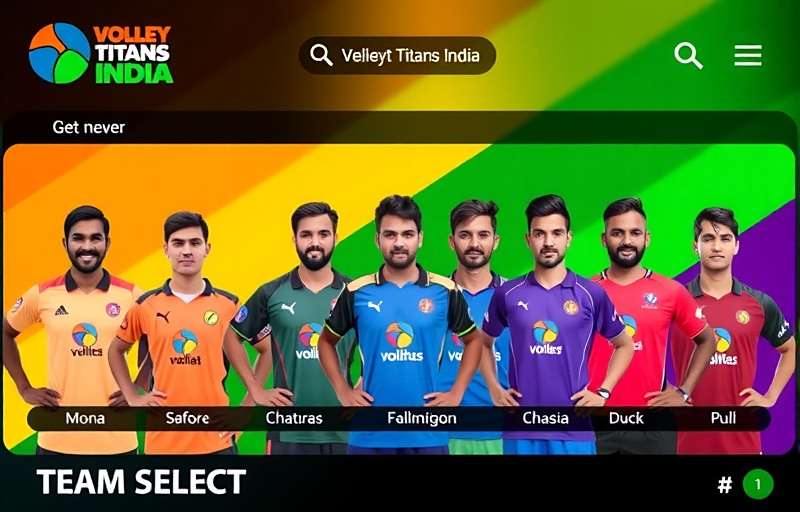 Volley Titans India team selection screen showing various regional teams in traditional jerseys